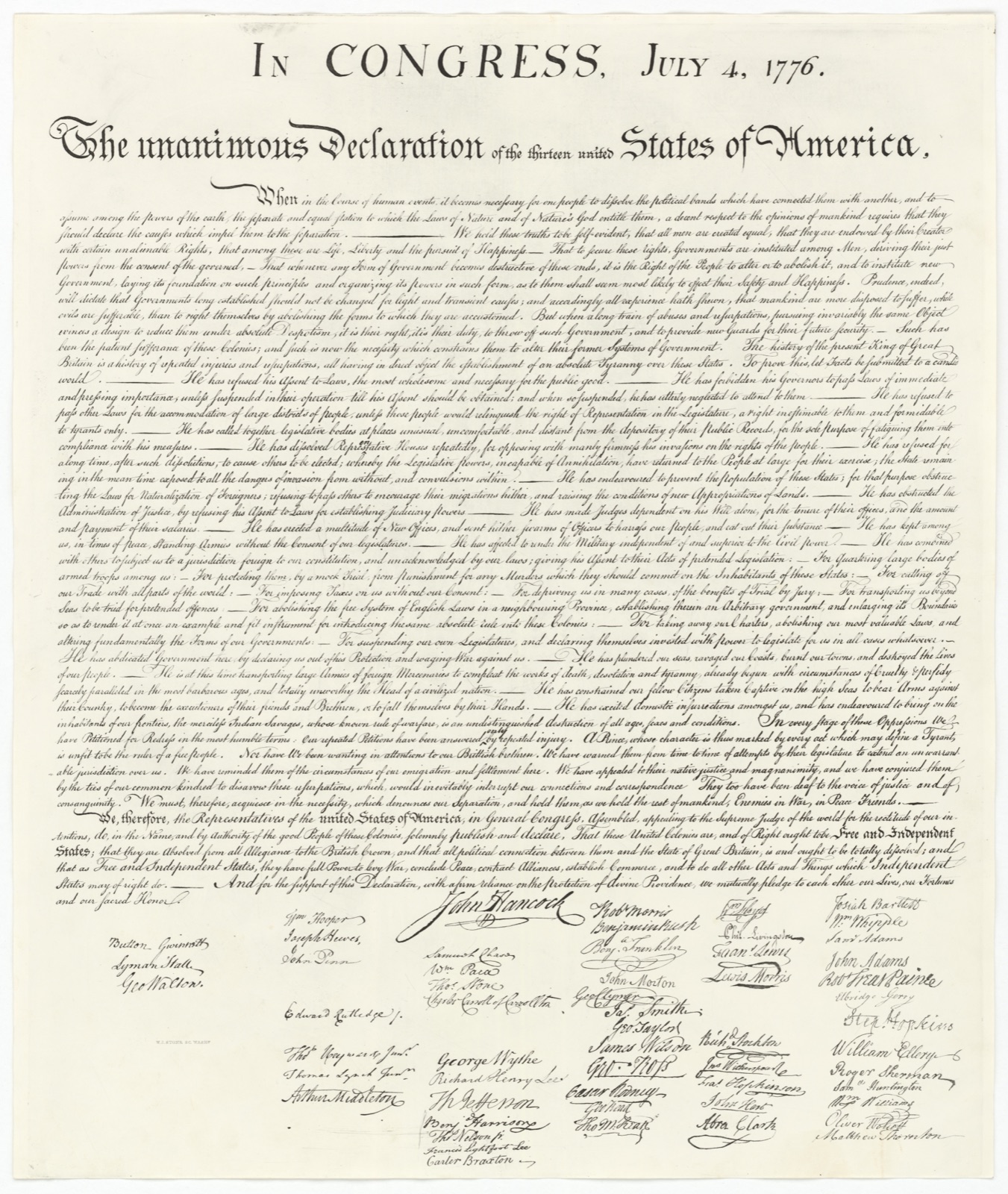 The 1823 William J. Stone engraving of the United States Declaration of Independence.